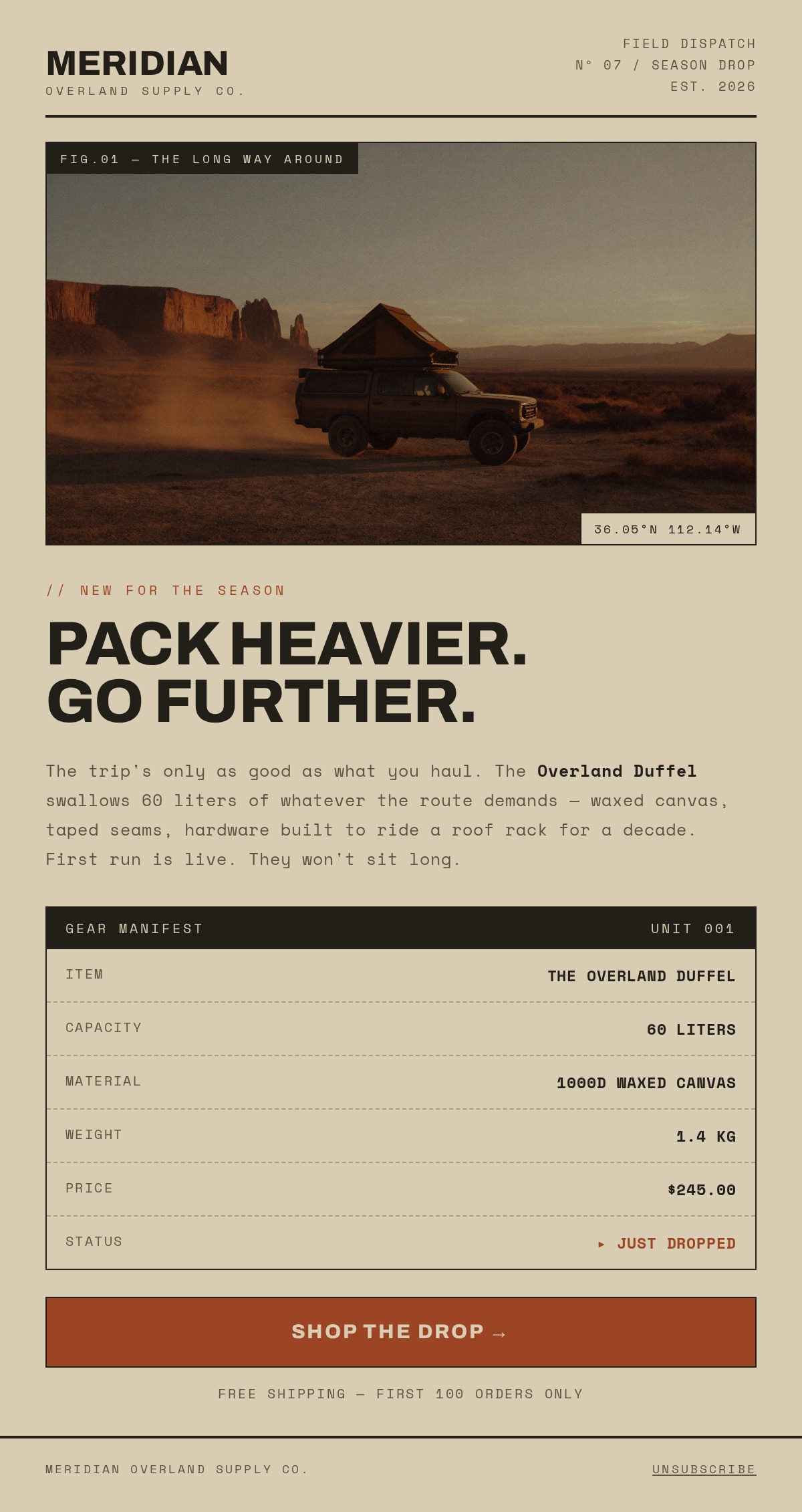 MERIDIAN overland product launch email