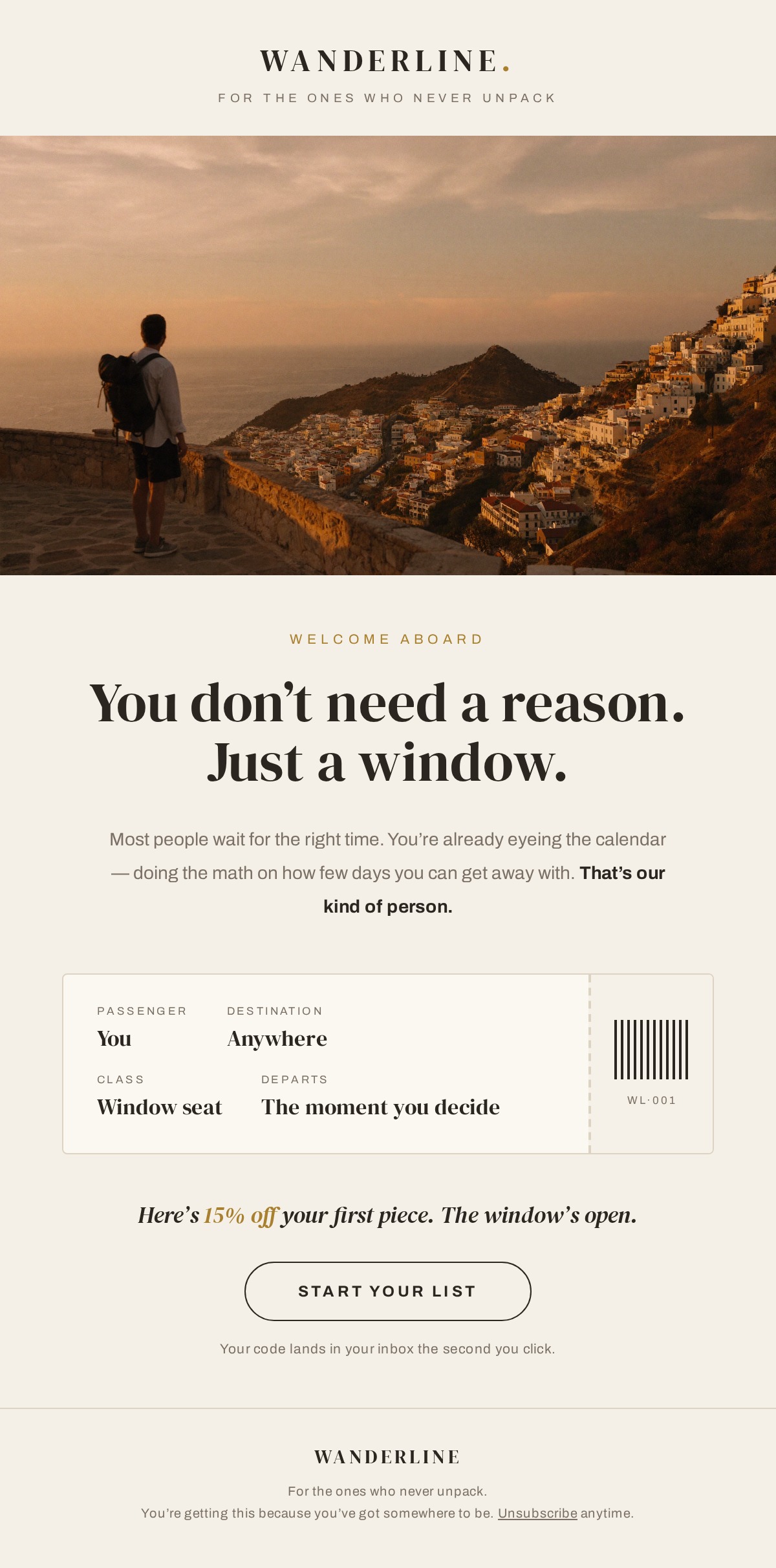 WANDERLINE travel welcome email